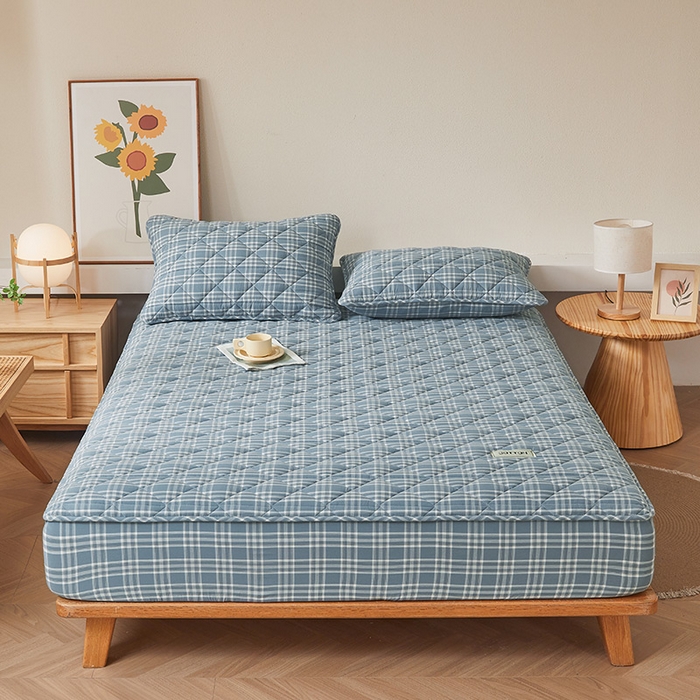 91家纺网 家纺一手货源 找家纺 3C 2024新款全棉水洗棉色织大豆夹棉抗菌床笠 花漾兰灰