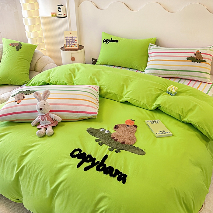 91家纺网 家纺一手货源 找家纺 大境 2024新款毛巾绣全棉纯棉学生三件套四件套 小快乐-果绿