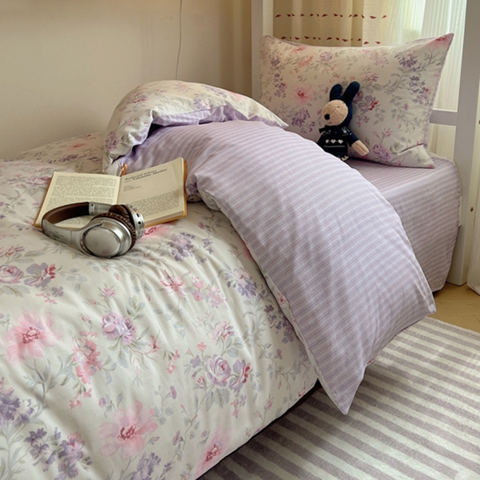 91家纺网 家纺一手货源 找家纺 富瑞阁2024新款13070学生宿舍全棉三件套 紫色花香