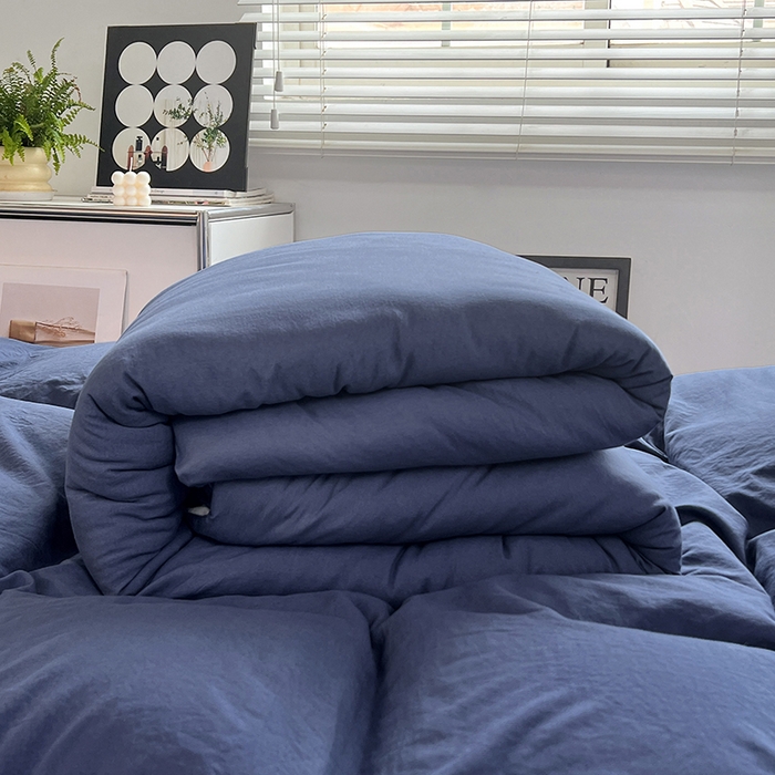 91家纺网 家纺一手货源 找家纺 贝拉梦家纺 2024新款褶皱炒鸡糯纯色水洗棉学生床三件套 浩瀚蓝