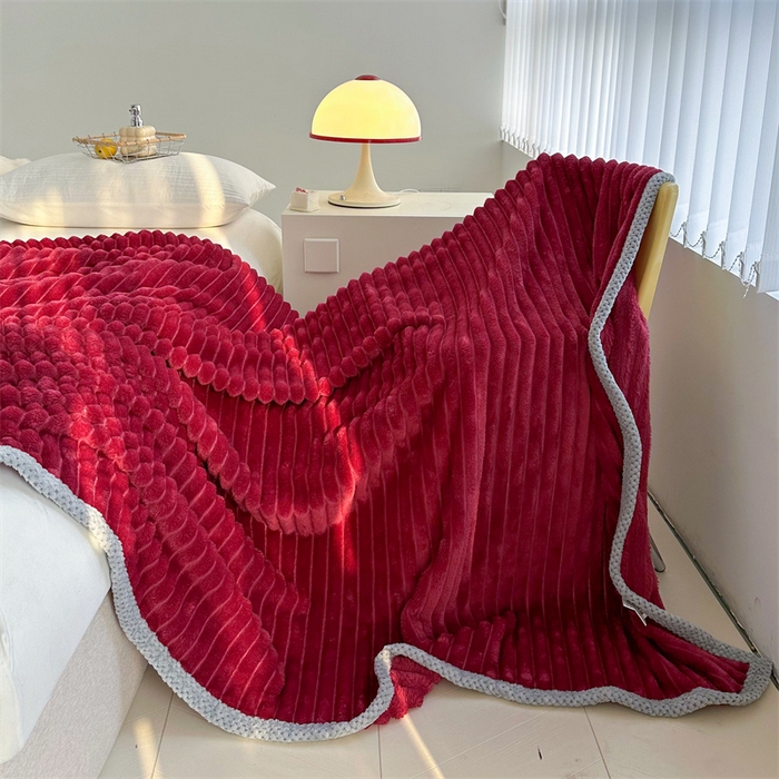 91家纺网 家纺一手货源 找家纺 灰鲸 2025新款A类加厚罗马纹豆豆剪花兔绒毛毯 兔绒-罗马纹中国红