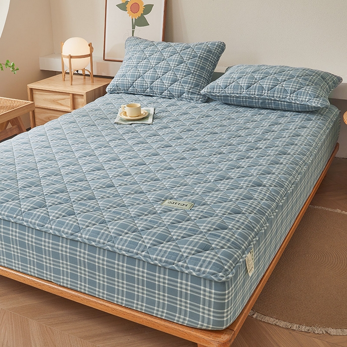 91家纺网 家纺一手货源 找家纺 3C 2024新款全棉水洗棉色织大豆夹棉抗菌床笠 花漾兰灰