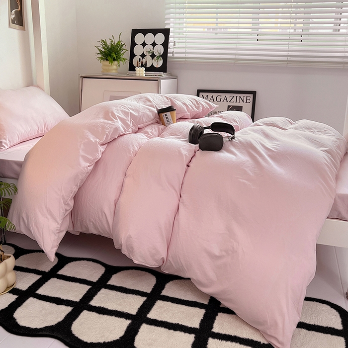 91家纺网 家纺一手货源 找家纺 贝拉梦家纺 2024新款褶皱炒鸡糯纯色水洗棉学生床三件套 桃夭