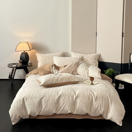 莱茵家居 2024新款40sA类全棉水洗绵三层纱提花四件套-流年系列 流年-亚麻咖