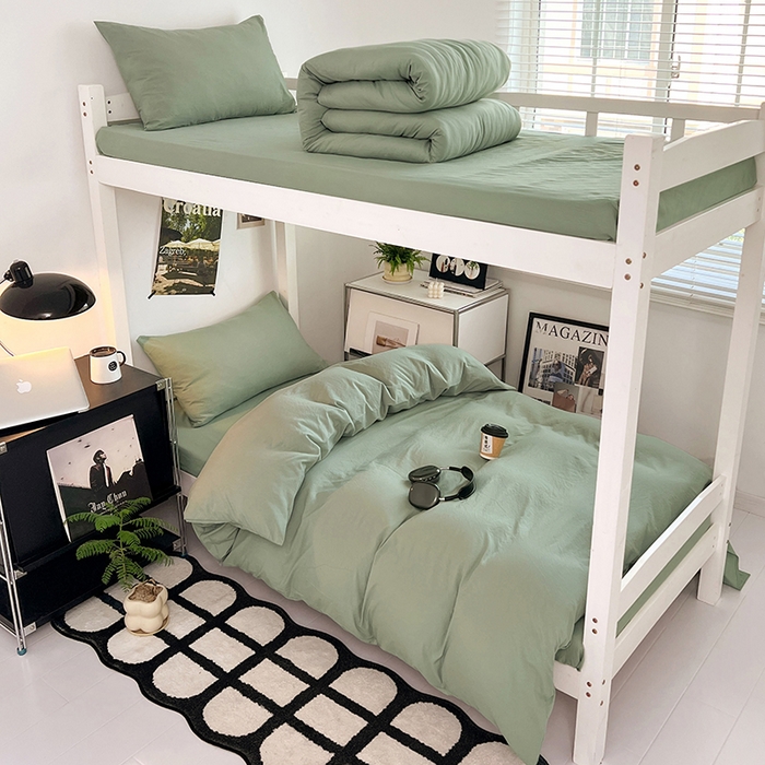 91家纺网 家纺一手货源 找家纺 贝拉梦家纺 2024新款褶皱炒鸡糯纯色水洗棉学生床三件套 庭芜绿