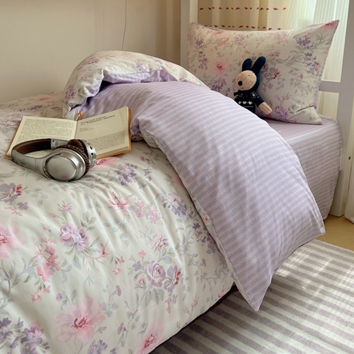 91家纺网 家纺一手货源 找家纺 富瑞阁2024新款13070学生宿舍全棉三件套 紫色花香