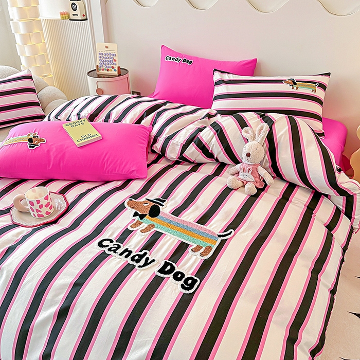 91家纺网 家纺一手货源 找家纺 大境 2024新款毛巾绣全棉纯棉学生三件套四件套 炫彩DOG-彩条