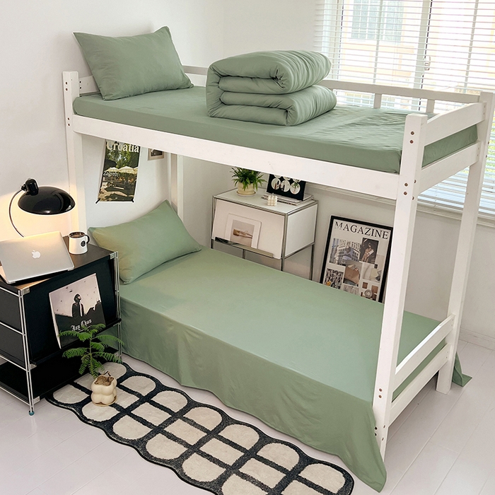 91家纺网 家纺一手货源 找家纺 贝拉梦家纺 2024新款褶皱炒鸡糯纯色水洗棉学生床三件套 庭芜绿