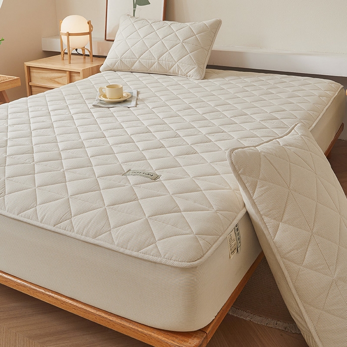 91家纺网 家纺一手货源 找家纺 3C 2024新款全棉水洗棉色织大豆夹棉抗菌床笠 元素咖