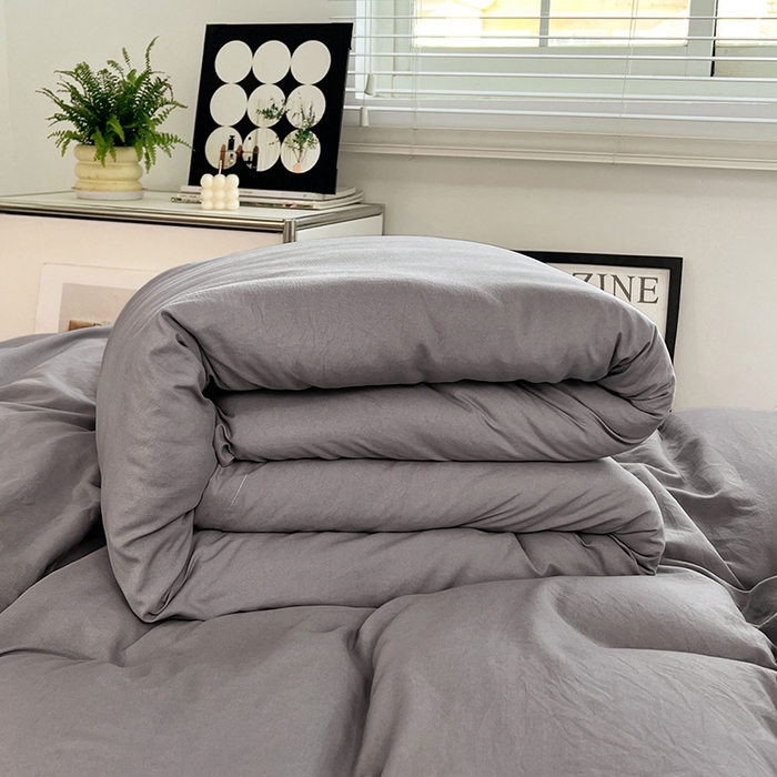 91家纺网 家纺一手货源 找家纺 贝拉梦家纺 2024新款褶皱炒鸡糯纯色水洗棉学生床三件套 莫奈灰