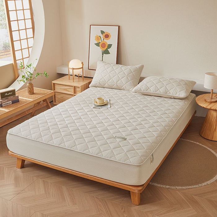 91家纺网 家纺一手货源 找家纺 3C 2024新款全棉水洗棉色织大豆夹棉抗菌床笠 元素咖