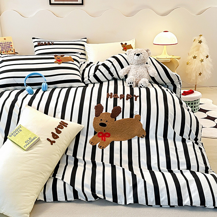 91家纺网 家纺一手货源 找家纺 大境 2024新款毛巾绣全棉纯棉学生三件套四件套 Happy