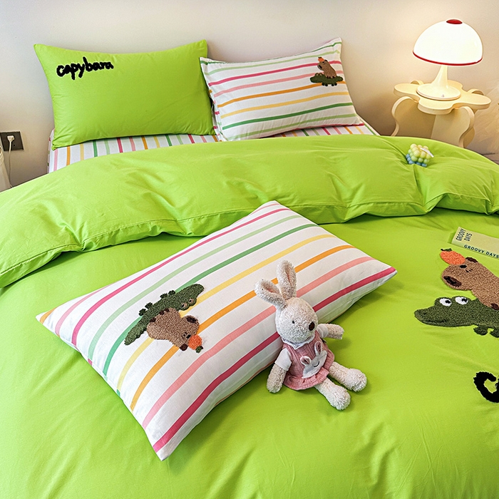 91家纺网 家纺一手货源 找家纺 大境 2024新款毛巾绣全棉纯棉学生三件套四件套 小快乐-果绿