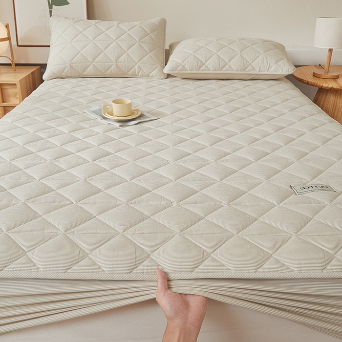 91家纺网 家纺一手货源 找家纺 3C 2024新款全棉水洗棉色织大豆夹棉抗菌床笠 元素咖