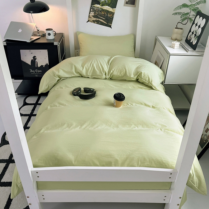 91家纺网 家纺一手货源 找家纺 贝拉梦家纺 2024新款褶皱炒鸡糯纯色水洗棉学生床三件套 香草冰激凌