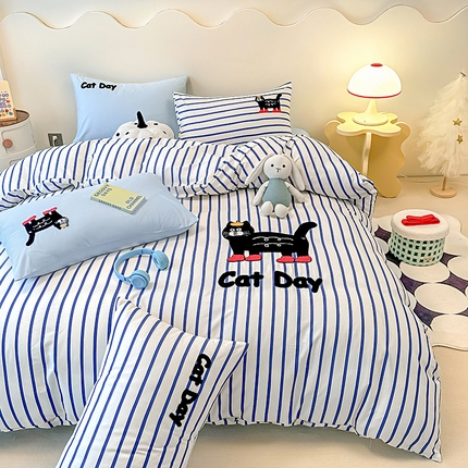 大境 2024新款毛巾绣全棉纯棉学生三件套四件套 幸运猫-蓝条