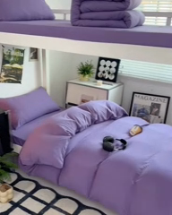 91家纺网 家纺一手货源 找家纺 贝拉梦家纺 2024新款褶皱炒鸡糯纯色水洗棉学生床三件套 风信紫