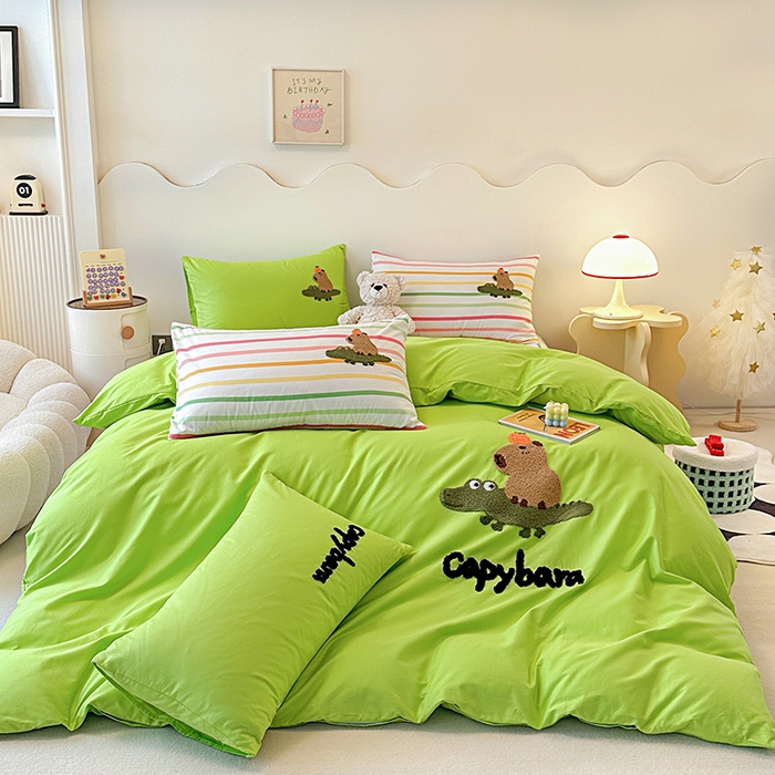 91家纺网 家纺一手货源 找家纺 大境 2024新款毛巾绣全棉纯棉学生三件套四件套 小快乐-果绿