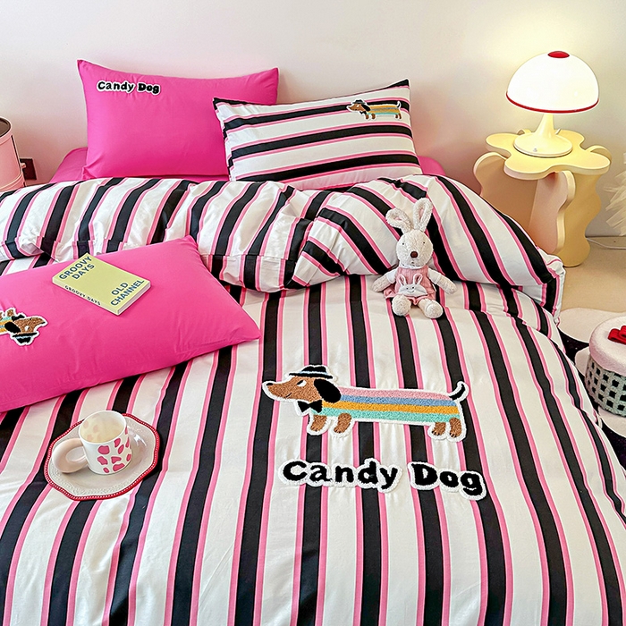 91家纺网 家纺一手货源 找家纺 大境 2024新款毛巾绣全棉纯棉学生三件套四件套 炫彩DOG-彩条