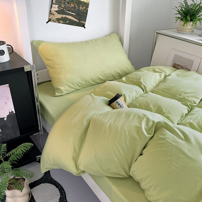 91家纺网 家纺一手货源 找家纺 贝拉梦家纺 2024新款褶皱炒鸡糯纯色水洗棉学生床三件套 香草冰激凌