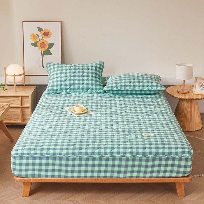 91家纺网 家纺一手货源 找家纺 3C 2024新款全棉水洗棉色织大豆夹棉抗菌床笠 妍彩翠灰