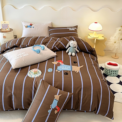 大境 2024新款毛巾绣全棉纯棉学生三件套四件套 小腊条-咖条