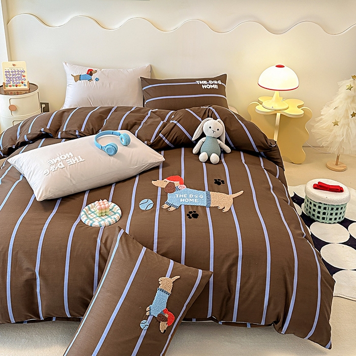 91家纺网 家纺一手货源 找家纺 大境 2024新款毛巾绣全棉纯棉学生三件套四件套 小腊条-咖条