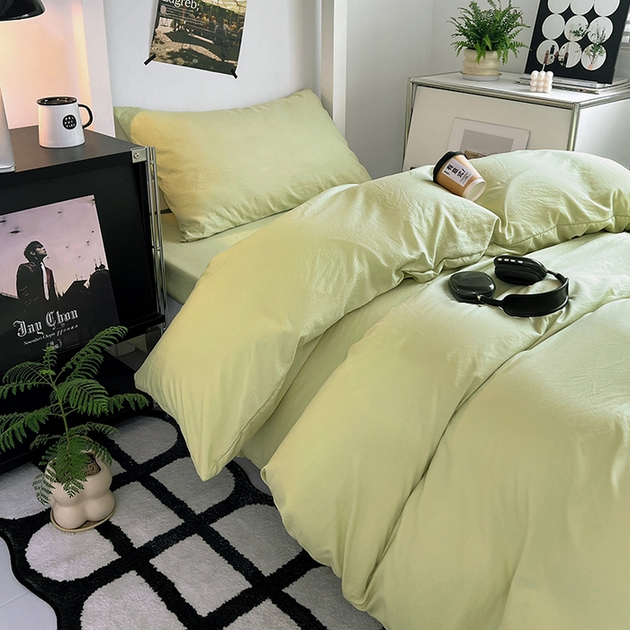 91家纺网 家纺一手货源 找家纺 贝拉梦家纺 2024新款褶皱炒鸡糯纯色水洗棉学生床三件套 香草冰激凌