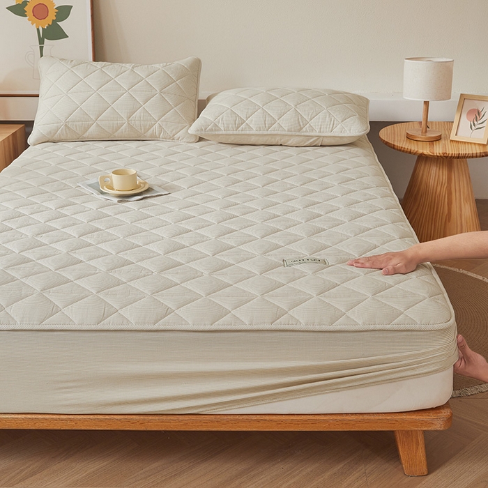 91家纺网 家纺一手货源 找家纺 3C 2024新款全棉水洗棉色织大豆夹棉抗菌床笠 元素咖