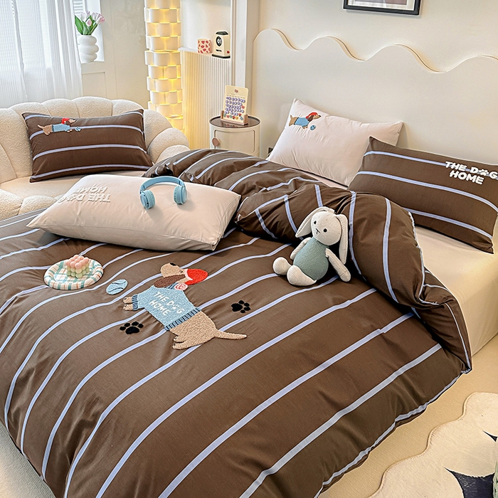 91家纺网 家纺一手货源 找家纺 大境 2024新款毛巾绣全棉纯棉学生三件套四件套 小腊条-咖条