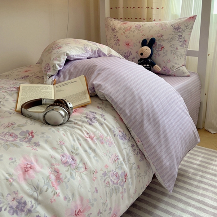91家纺网 家纺一手货源 找家纺 富瑞阁2024新款13070学生宿舍全棉三件套 紫色花香