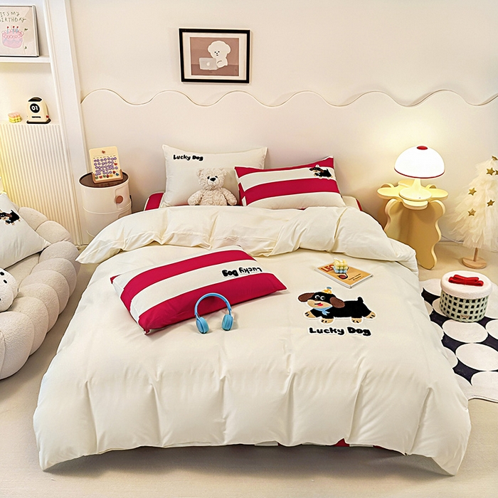 91家纺网 家纺一手货源 找家纺 大境 2024新款毛巾绣全棉纯棉学生三件套四件套 幸运狗-奶油