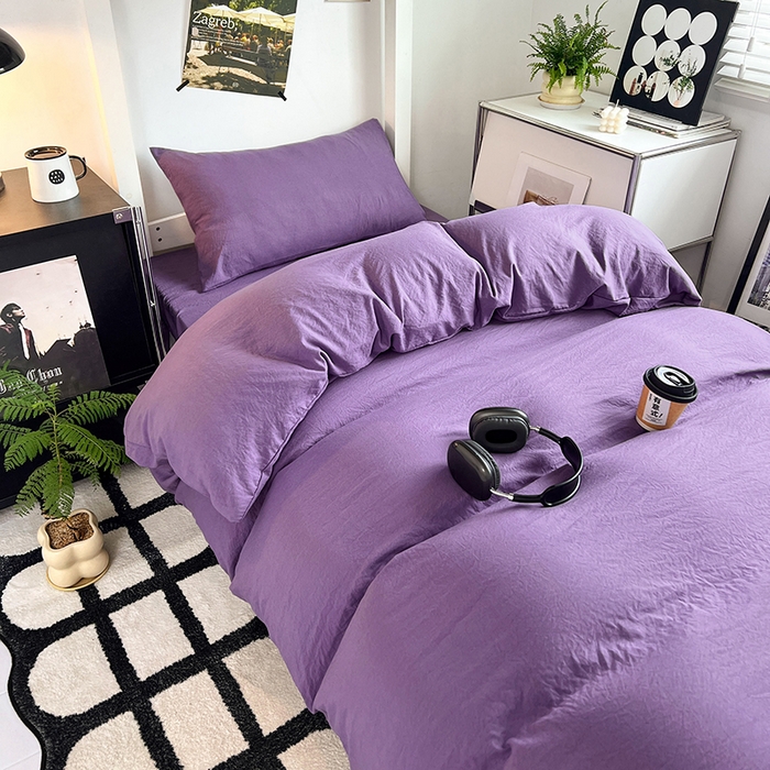 91家纺网 家纺一手货源 找家纺 （总）贝拉梦家纺 2024新款褶皱炒鸡糯纯色水洗棉学生床三件套