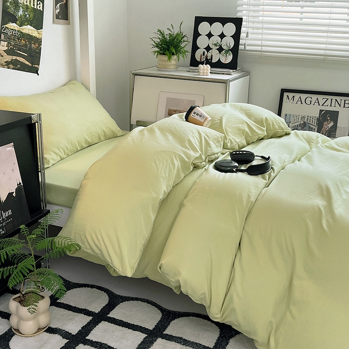 91家纺网 家纺一手货源 找家纺 贝拉梦家纺 2024新款褶皱炒鸡糯纯色水洗棉学生床三件套 香草冰激凌