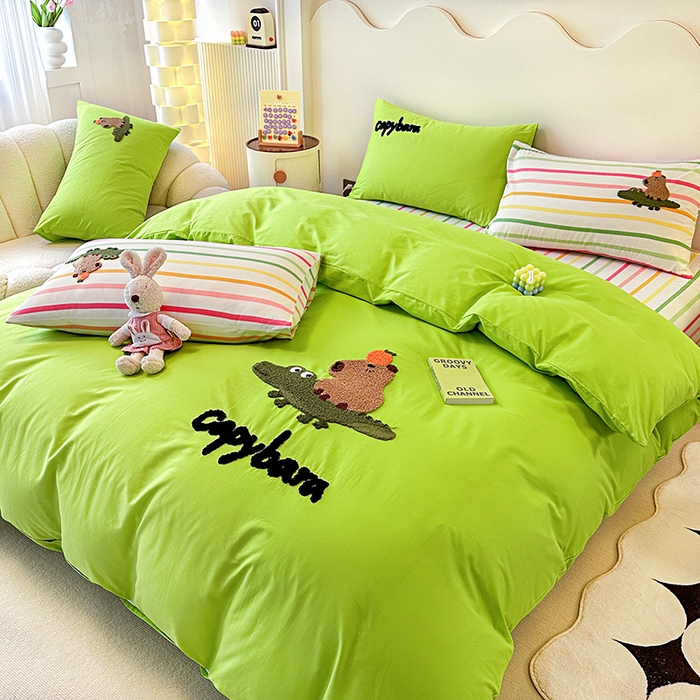 91家纺网 家纺一手货源 找家纺 大境 2024新款毛巾绣全棉纯棉学生三件套四件套 小快乐-果绿