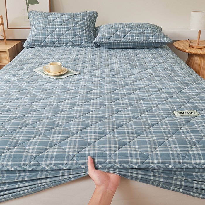 91家纺网 家纺一手货源 找家纺 3C 2024新款全棉水洗棉色织大豆夹棉抗菌床笠 花漾兰灰