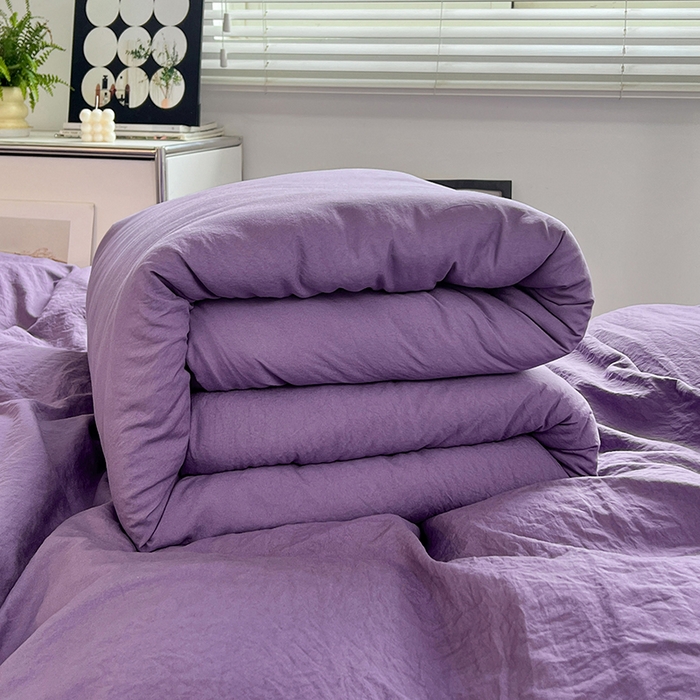 91家纺网 家纺一手货源 找家纺 贝拉梦家纺 2024新款褶皱炒鸡糯纯色水洗棉学生床三件套 风信紫