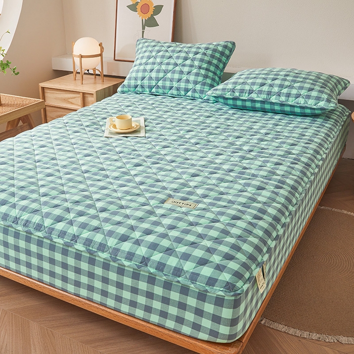 91家纺网 家纺一手货源 找家纺 3C 2024新款全棉水洗棉色织大豆夹棉抗菌床笠 妍彩翠灰