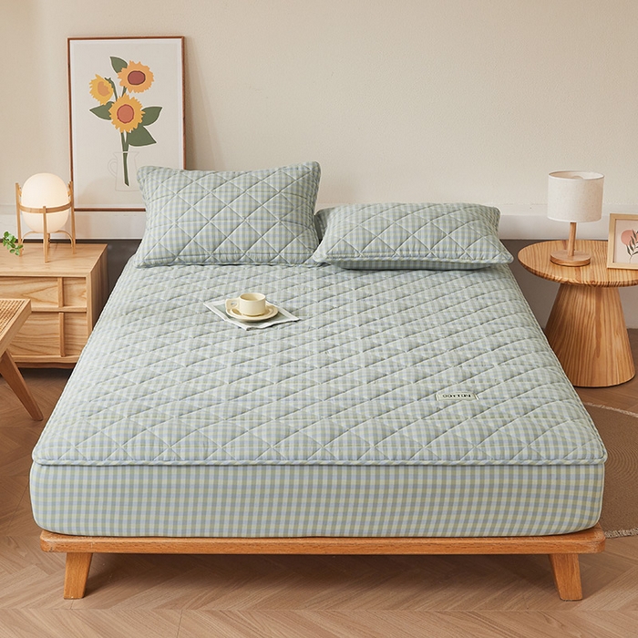 91家纺网 家纺一手货源 找家纺 3C 2024新款全棉水洗棉色织大豆夹棉抗菌床笠 灰绿小格