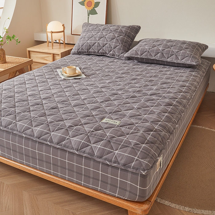 91家纺网 家纺一手货源 找家纺 3C 2024新款全棉水洗棉色织大豆夹棉抗菌床笠 千茉灰