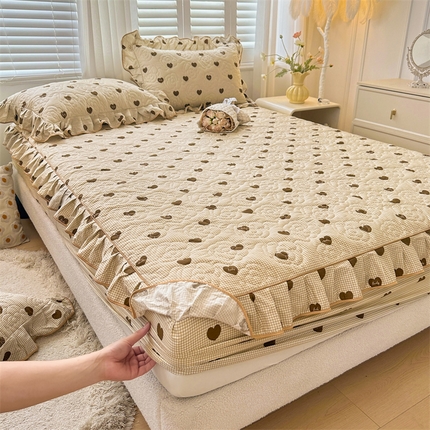 宜凡家纺 2024新款全棉印花公主风夹棉床笠三件套 心悦 咖啡