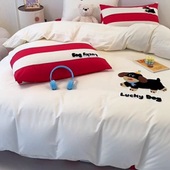 91家纺网 家纺一手货源 找家纺 大境 2024新款毛巾绣全棉纯棉学生三件套四件套 幸运狗-奶油