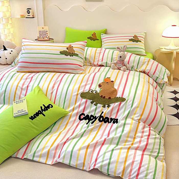 91家纺网 家纺一手货源 找家纺 大境 2024新款毛巾绣全棉纯棉学生三件套四件套 小快乐-彩条