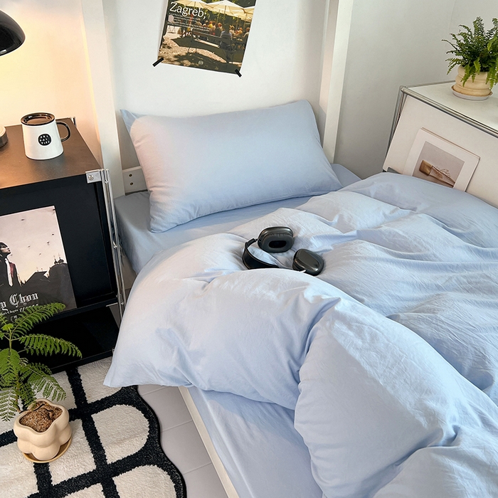 91家纺网 家纺一手货源 找家纺 贝拉梦家纺 2024新款褶皱炒鸡糯纯色水洗棉学生床三件套 马卡龙蓝