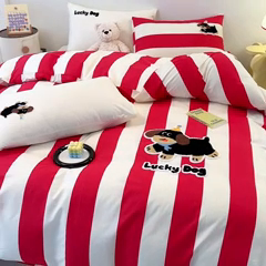 91家纺网 家纺一手货源 找家纺 大境 2024新款毛巾绣全棉纯棉学生三件套四件套 幸运狗-红条