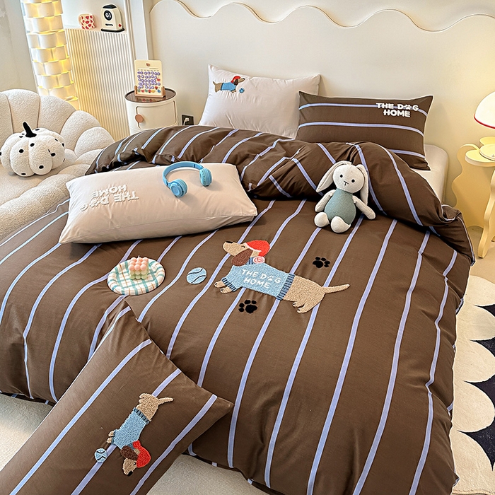 91家纺网 家纺一手货源 找家纺 大境 2024新款毛巾绣全棉纯棉学生三件套四件套 小腊条-咖条