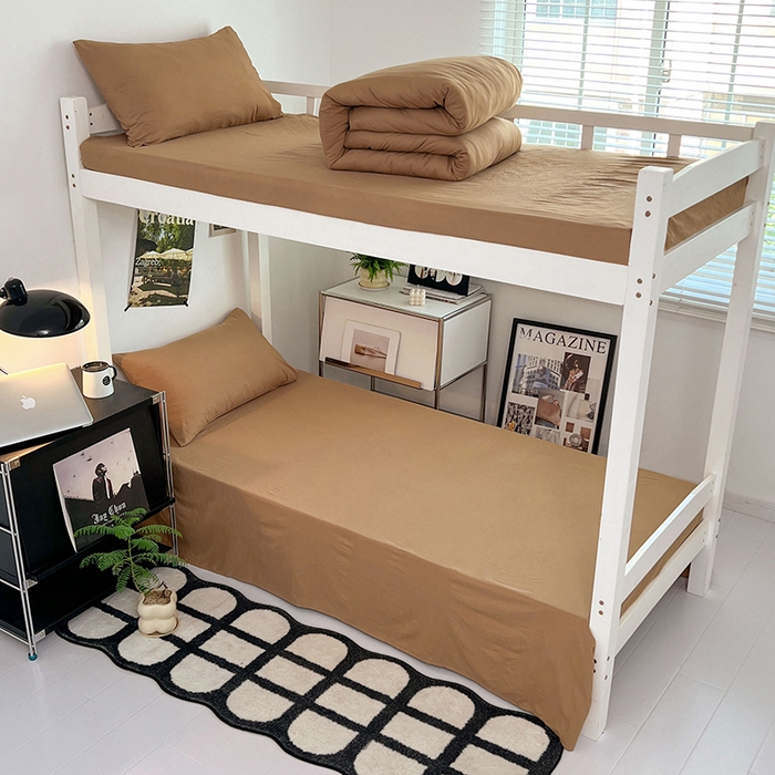 91家纺网 家纺一手货源 找家纺 贝拉梦家纺 2024新款褶皱炒鸡糯纯色水洗棉学生床三件套 焦糖