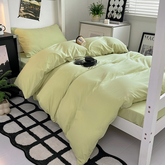 91家纺网 家纺一手货源 找家纺 贝拉梦家纺 2024新款褶皱炒鸡糯纯色水洗棉学生床三件套 香草冰激凌