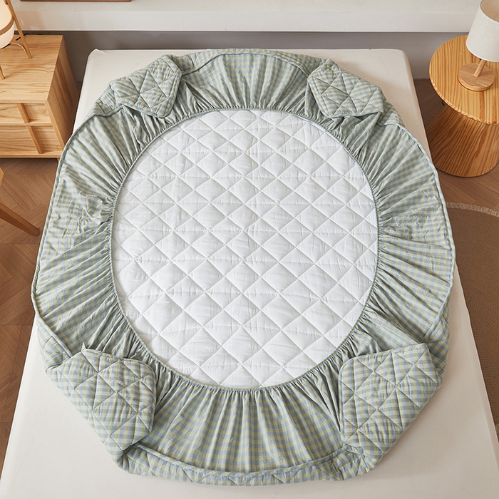 91家纺网 家纺一手货源 找家纺 3C 2024新款全棉水洗棉色织大豆夹棉抗菌床笠 灰绿小格