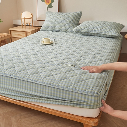 3C 2024新款全棉水洗棉色织大豆夹棉抗菌床笠 灰绿小格